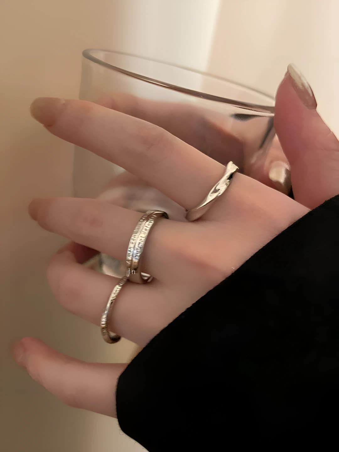 Women's silver-tone open ring 3-piece set, geometric and letter design, sweet cool style