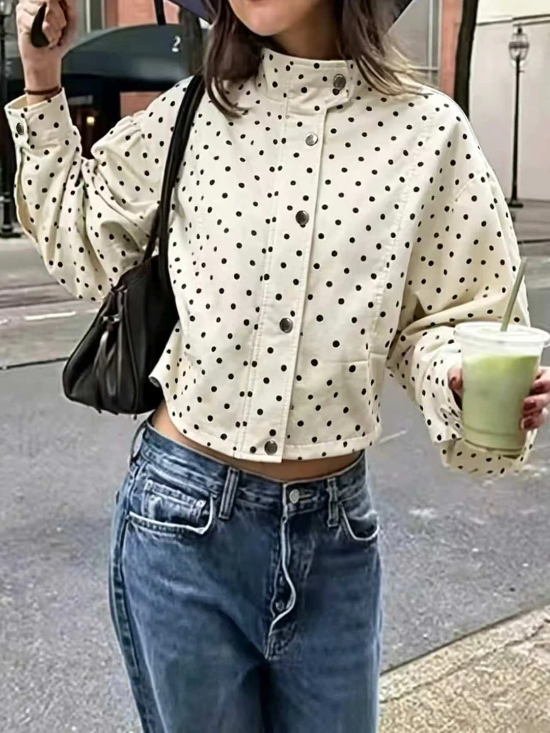 Women's spring-autumn zip stand collar long sleeve cropped polka-dot jacket