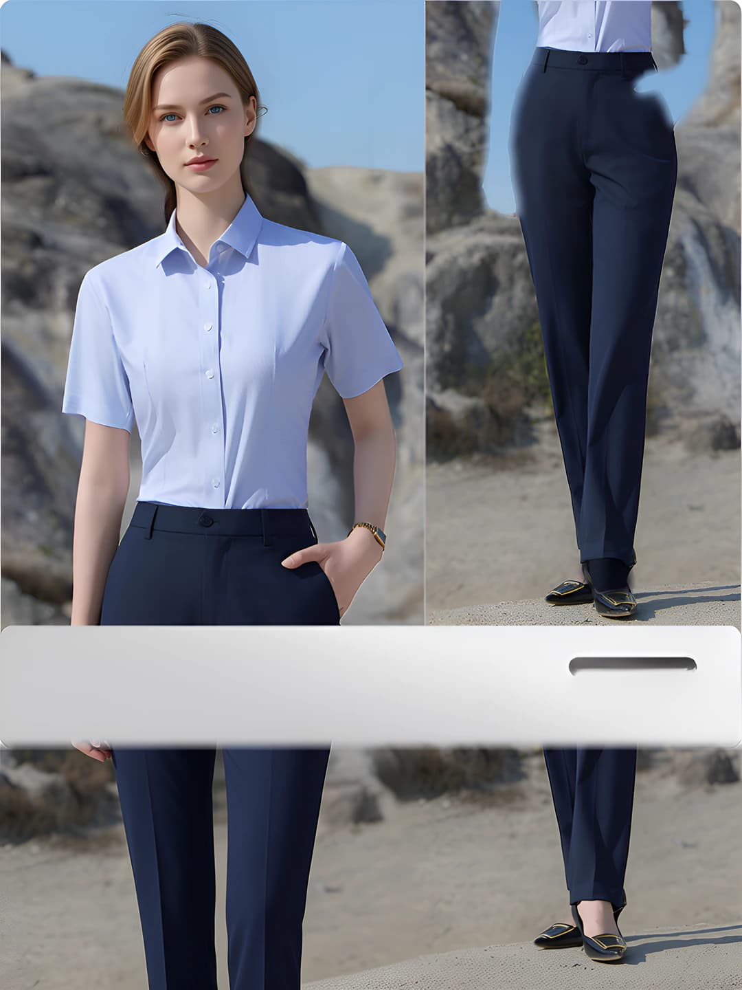 Women's short sleeve, blue houndstooth + navy trousers