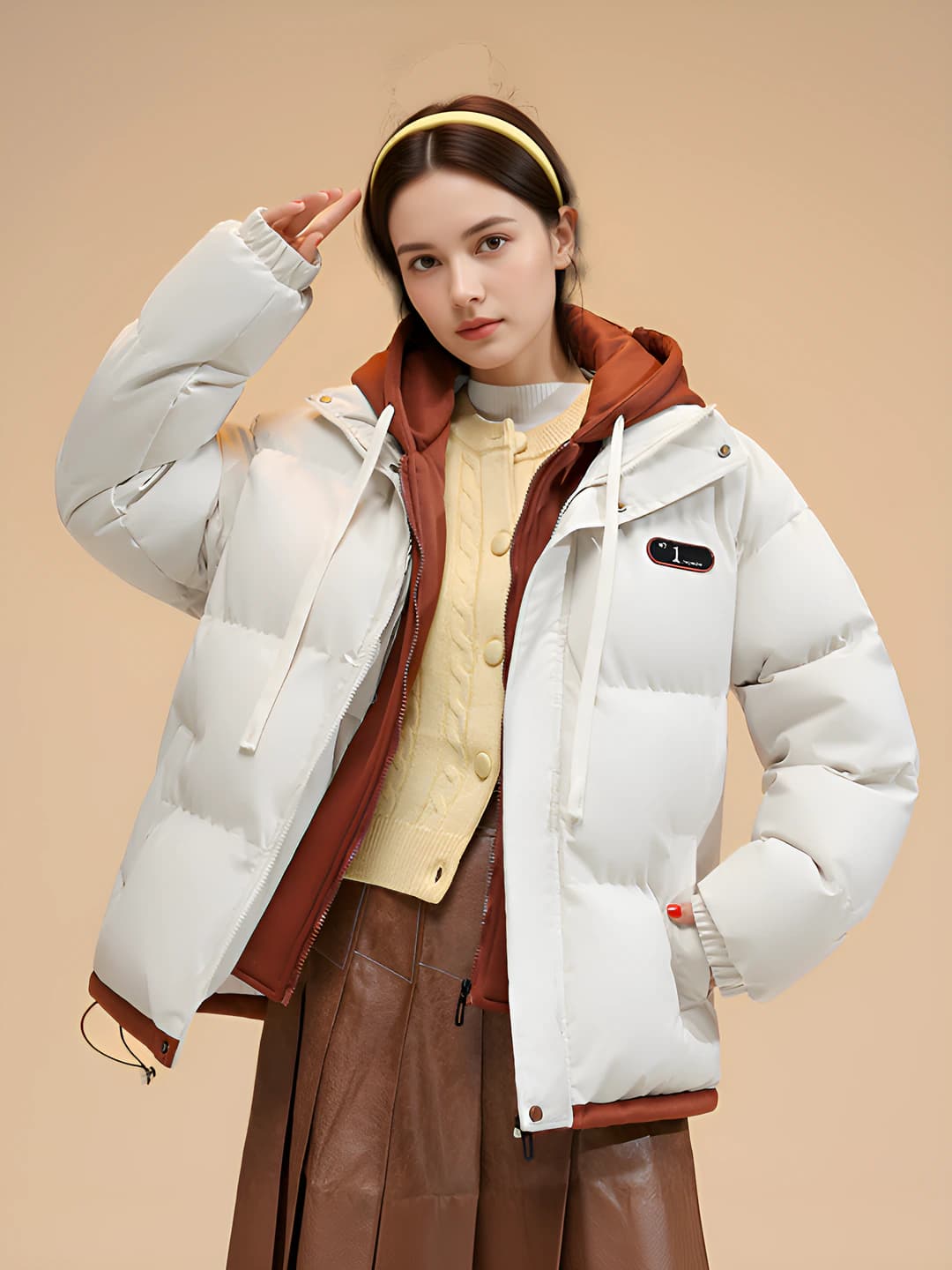 Women's winter cropped padded jacket, down-alternative fill, loose fit, zip, solid colour, 2026