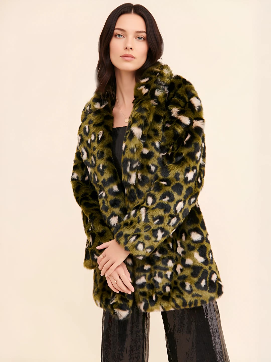 Women's mid-length retro style thickened warm coat with lapel collar, long sleeve, made of faux mink fur