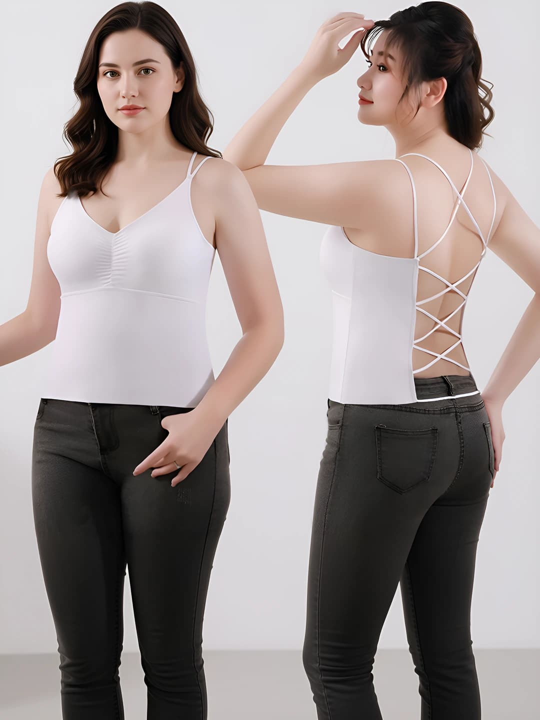 Women's plus size ice-silk fabric V-neck open back camisole with built-in bra pads