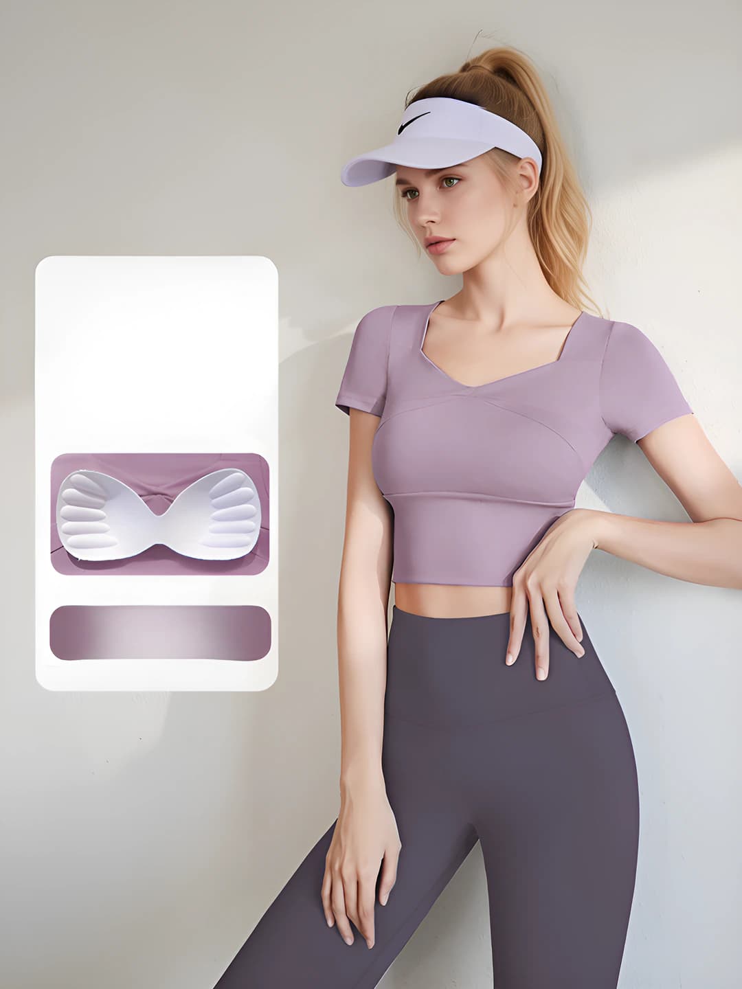 Women's summer thin sports set: short-sleeve t-shirt with chest pads and trousers, slimming, solid colour