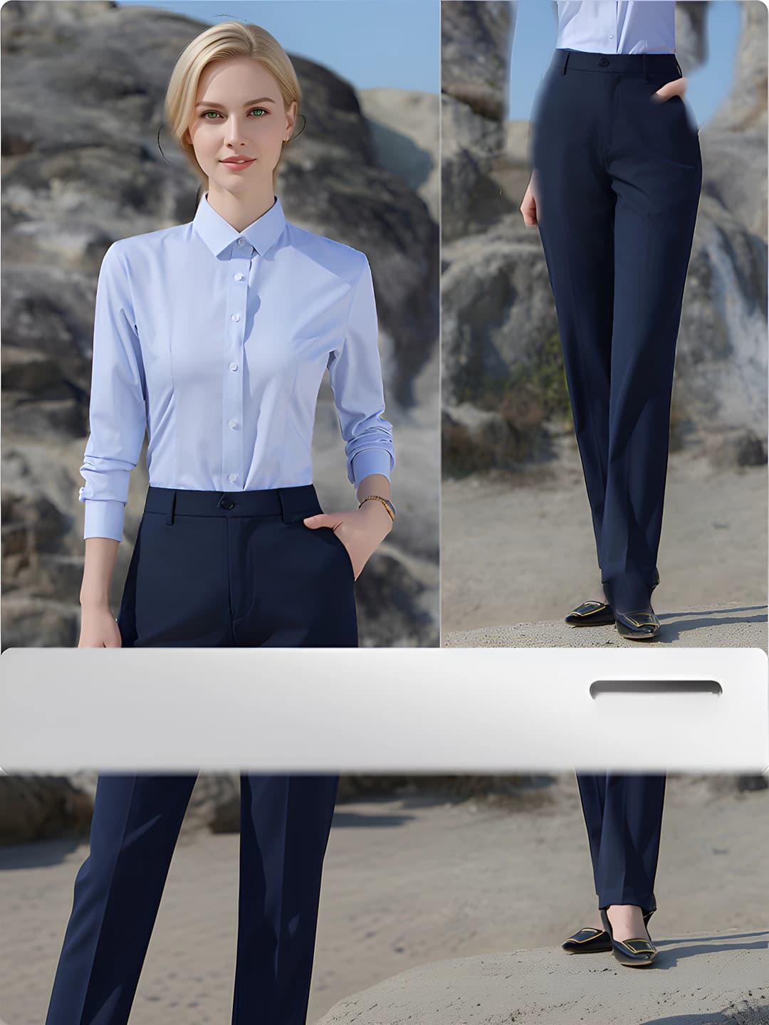 Women's blue pinstripe shirt + navy trousers