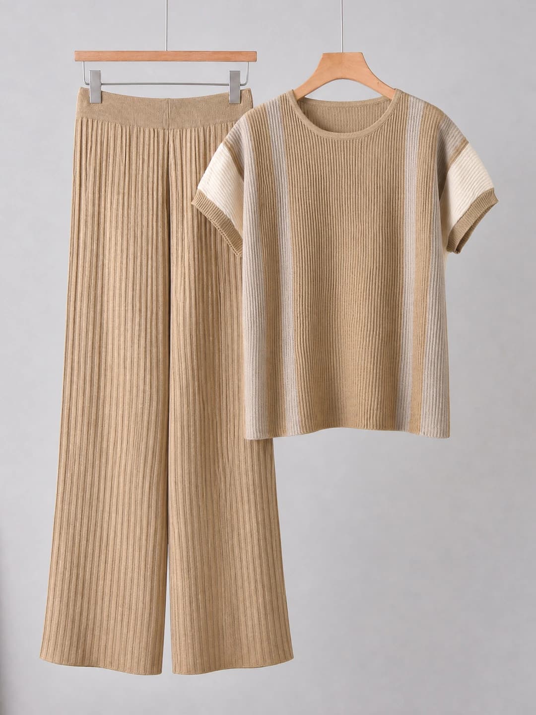 Women's 2026 summer casual loose fit knitted set: elbow-length sleeve knit top and wide-leg trousers