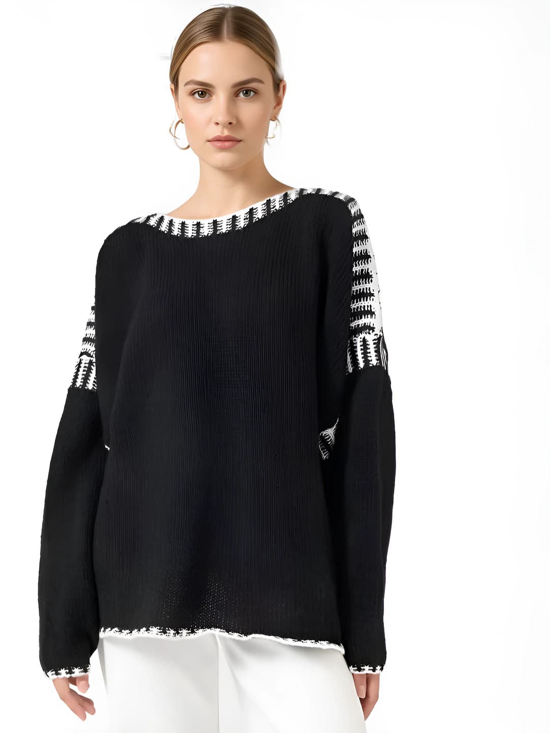 Women's autumn-winter sweater loose fit crew neck long sleeve striped