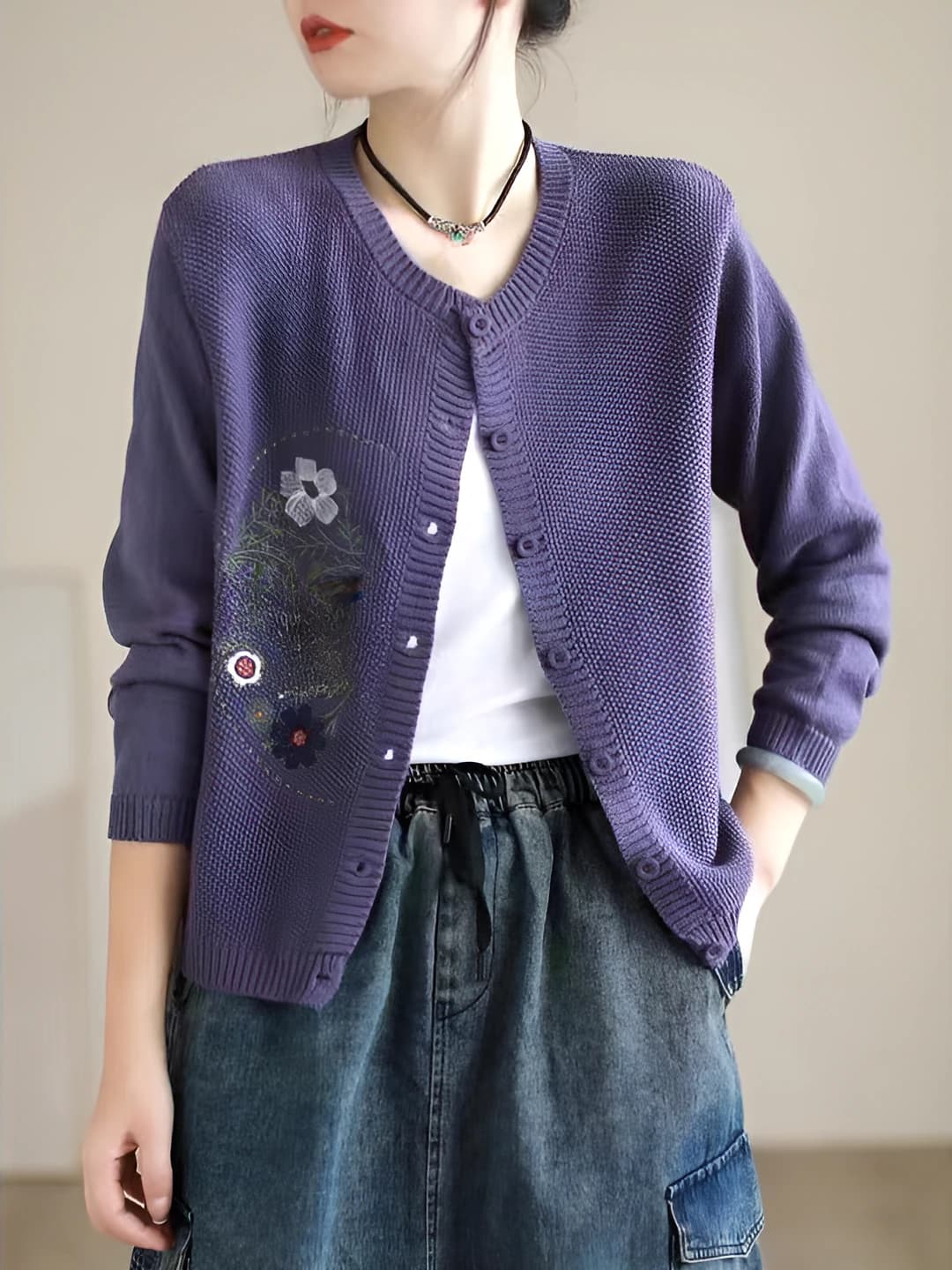 Women's retro embroidered knit cardigan, crew neck, long sleeve, autumn