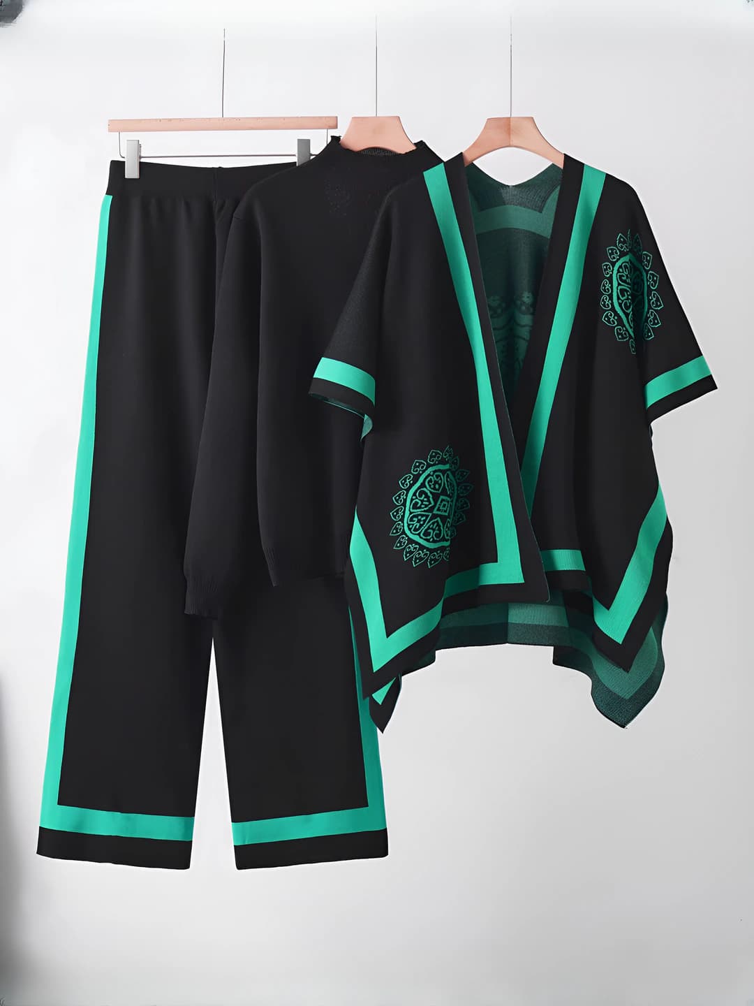 Women's autumn-winter casual knitted suit: sweater, poncho and wide-leg trousers (3-piece set)