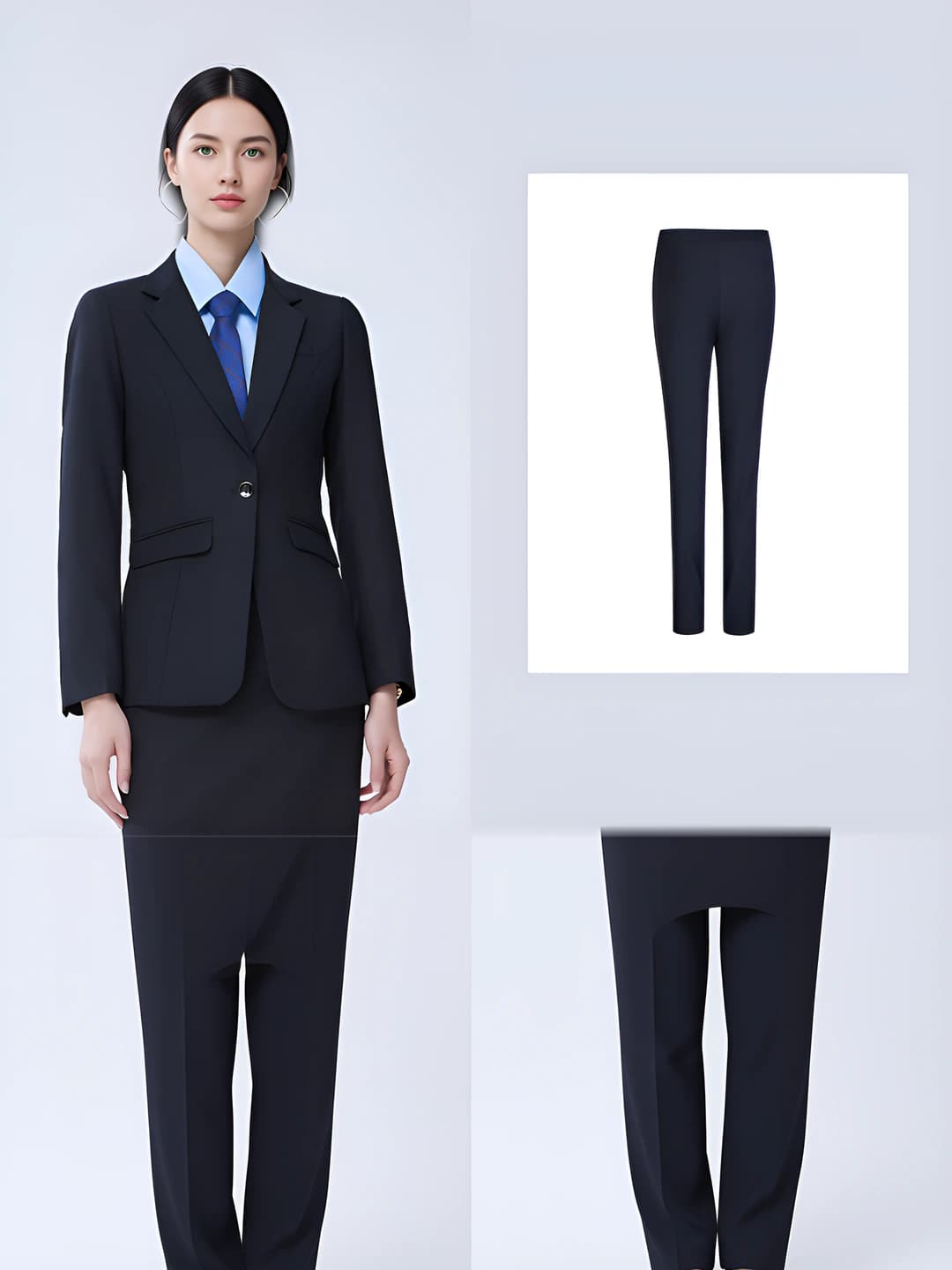 Navy suit + women's trousers