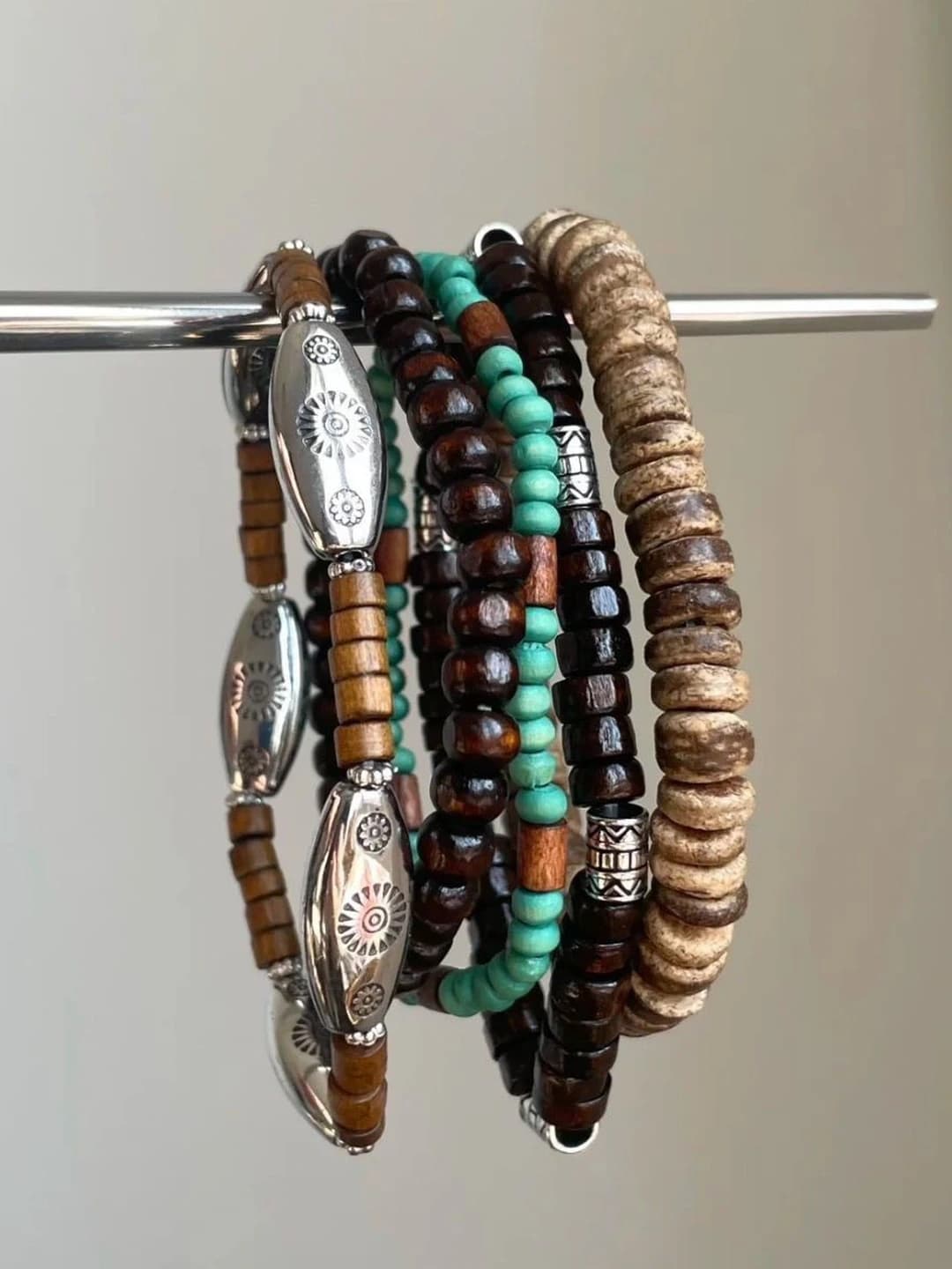 Women's stacked beaded bracelet set in retro style, mixed material, OL style