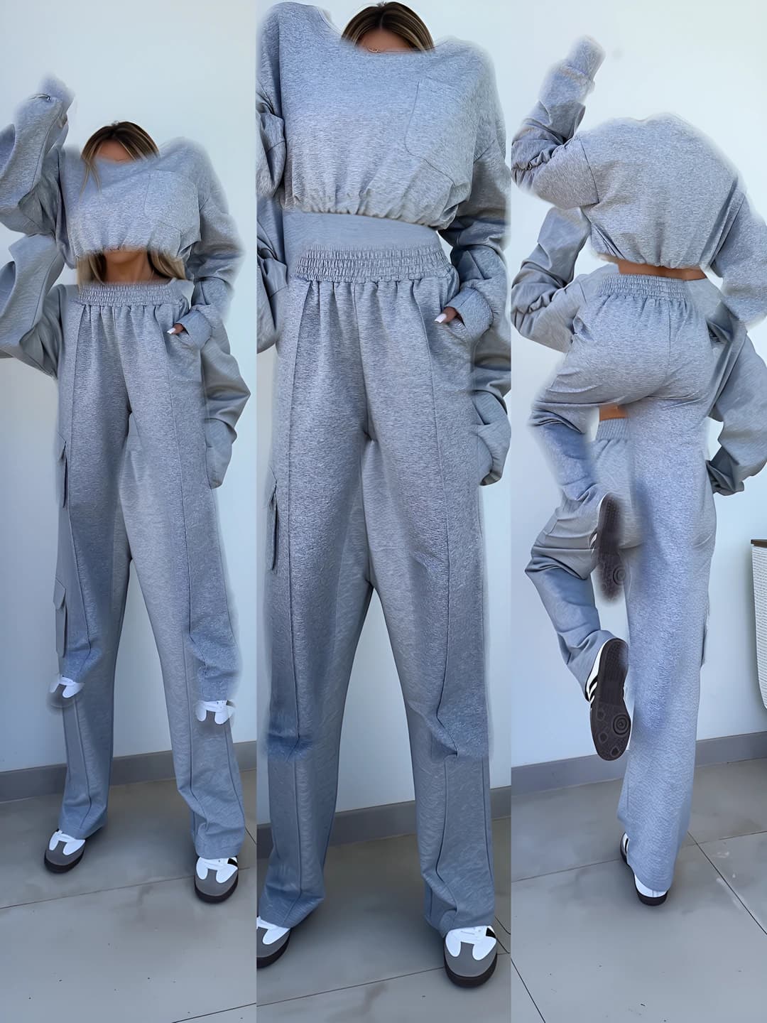 Women's casual two-piece set: cropped long-sleeve top with crew neck and elastic-waist trousers
