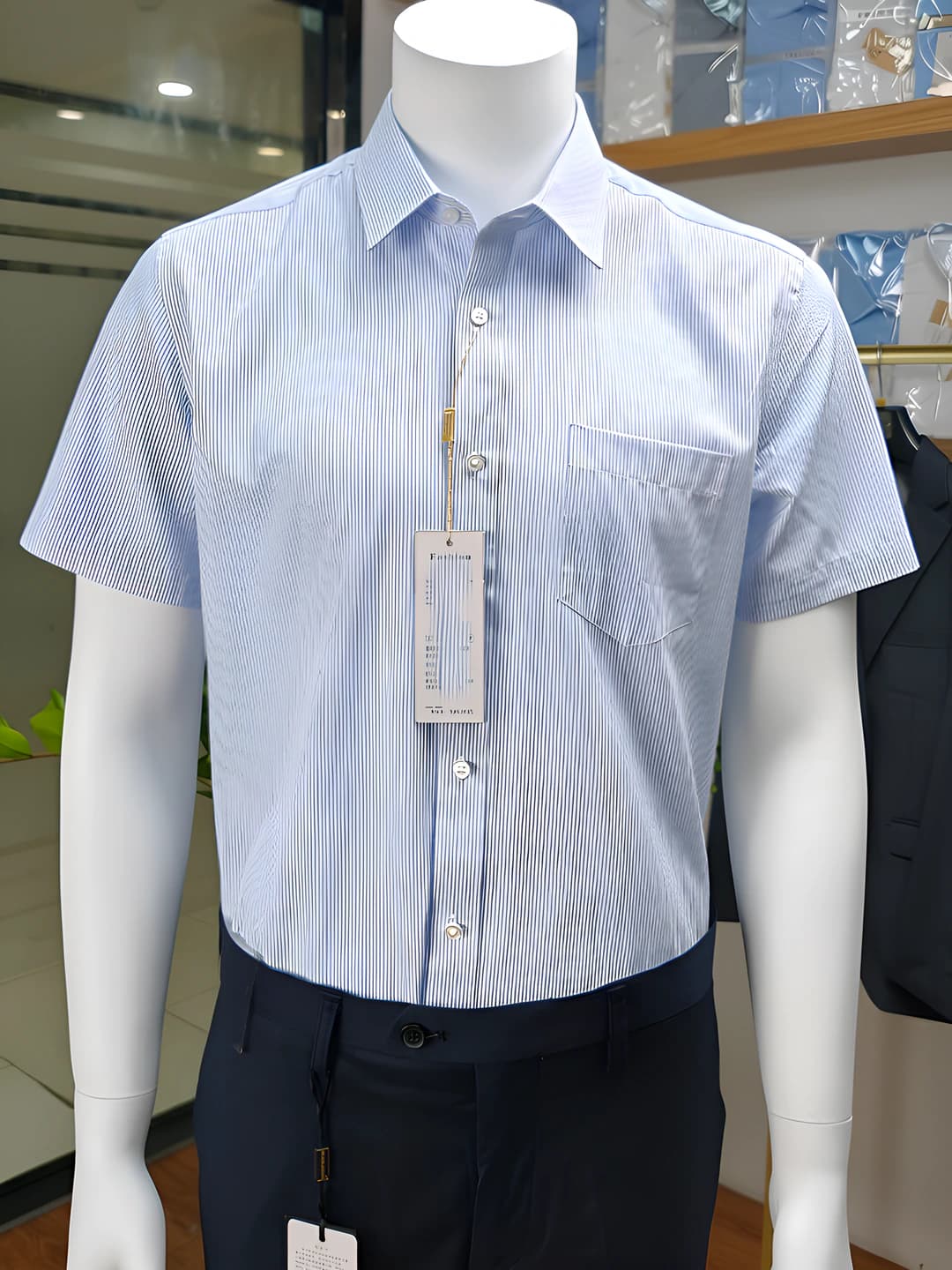 Women's summer short sleeve striped blouse, slim fit, embroidered, OL style