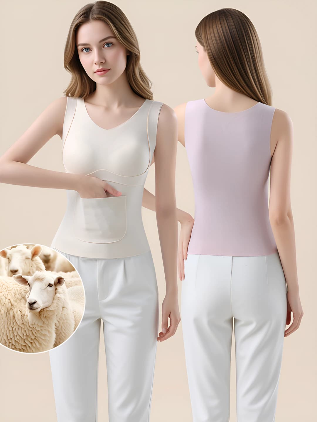 Women's fleece-lined thermal underwear top, underwear, warm, solid colour, U-neck