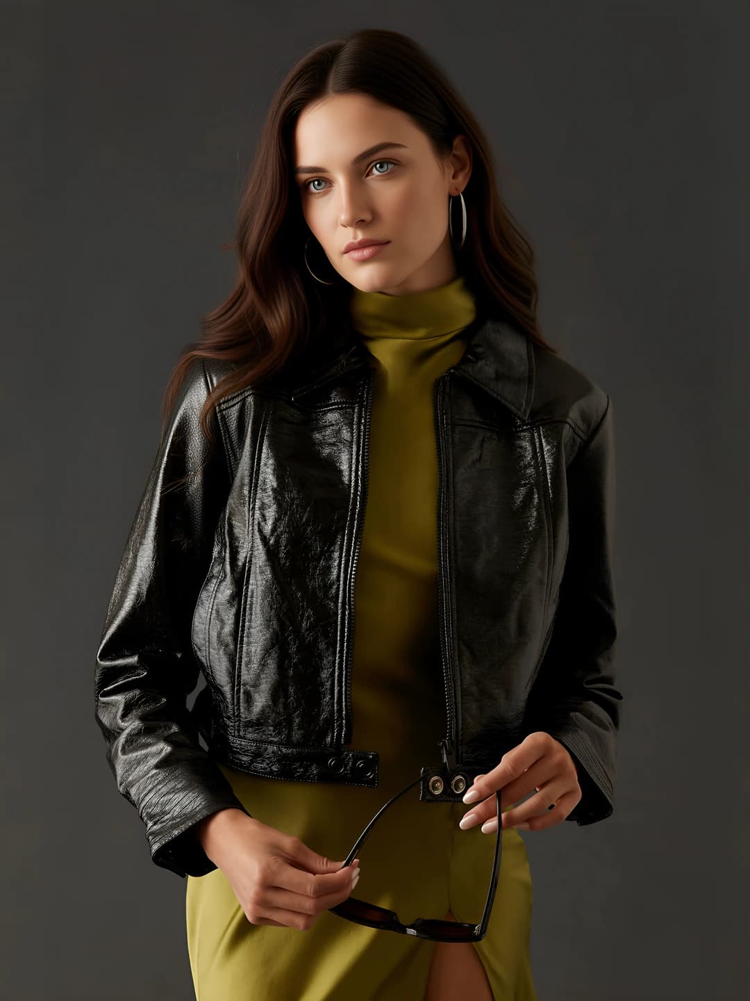 Women's PU leather biker jacket: lapel collar, zip, loose fit, long sleeve, retro style