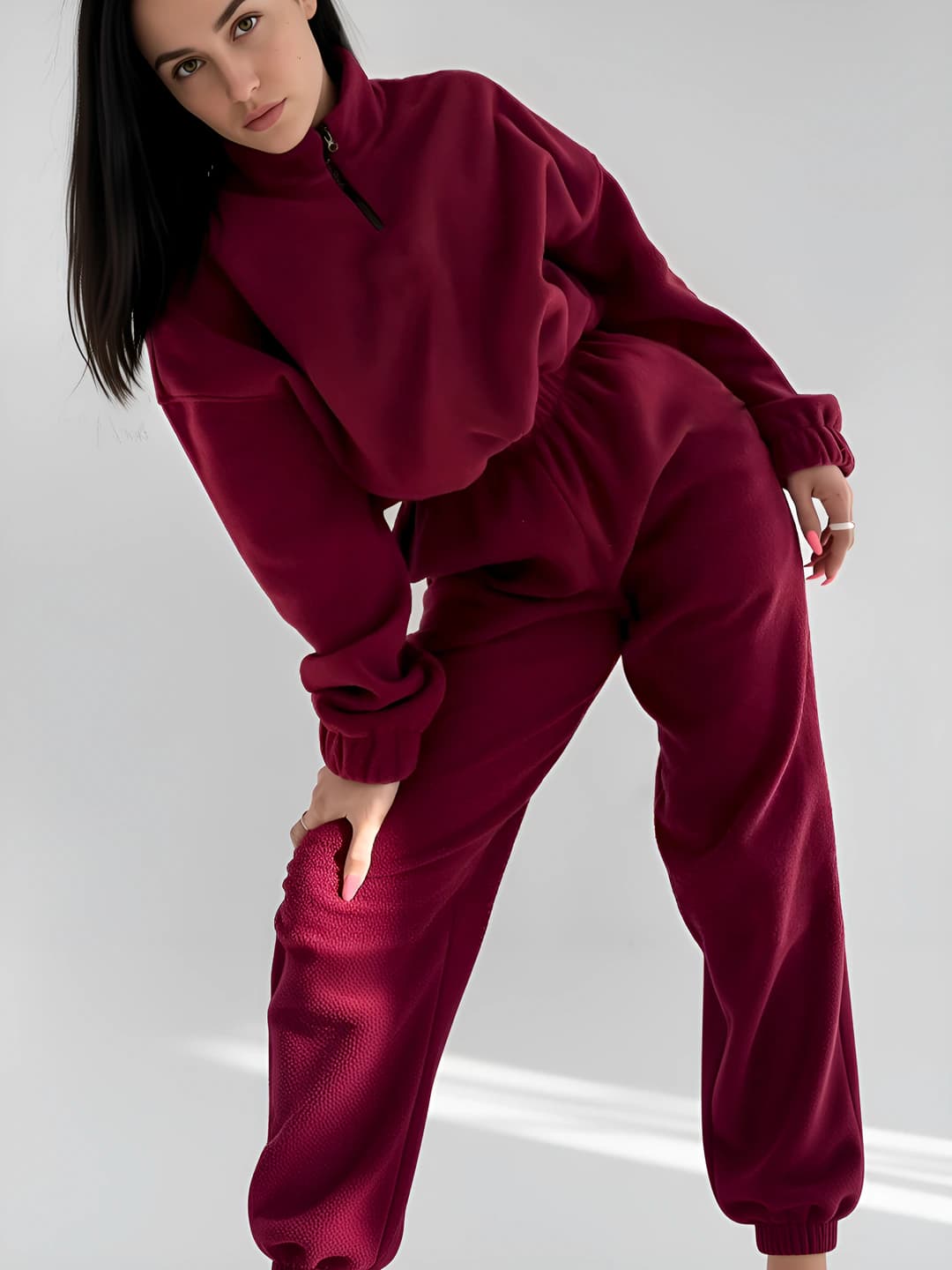 Women's casual set: zip stand collar sweatshirt and trousers, solid colour, loose fit, spring-autumn