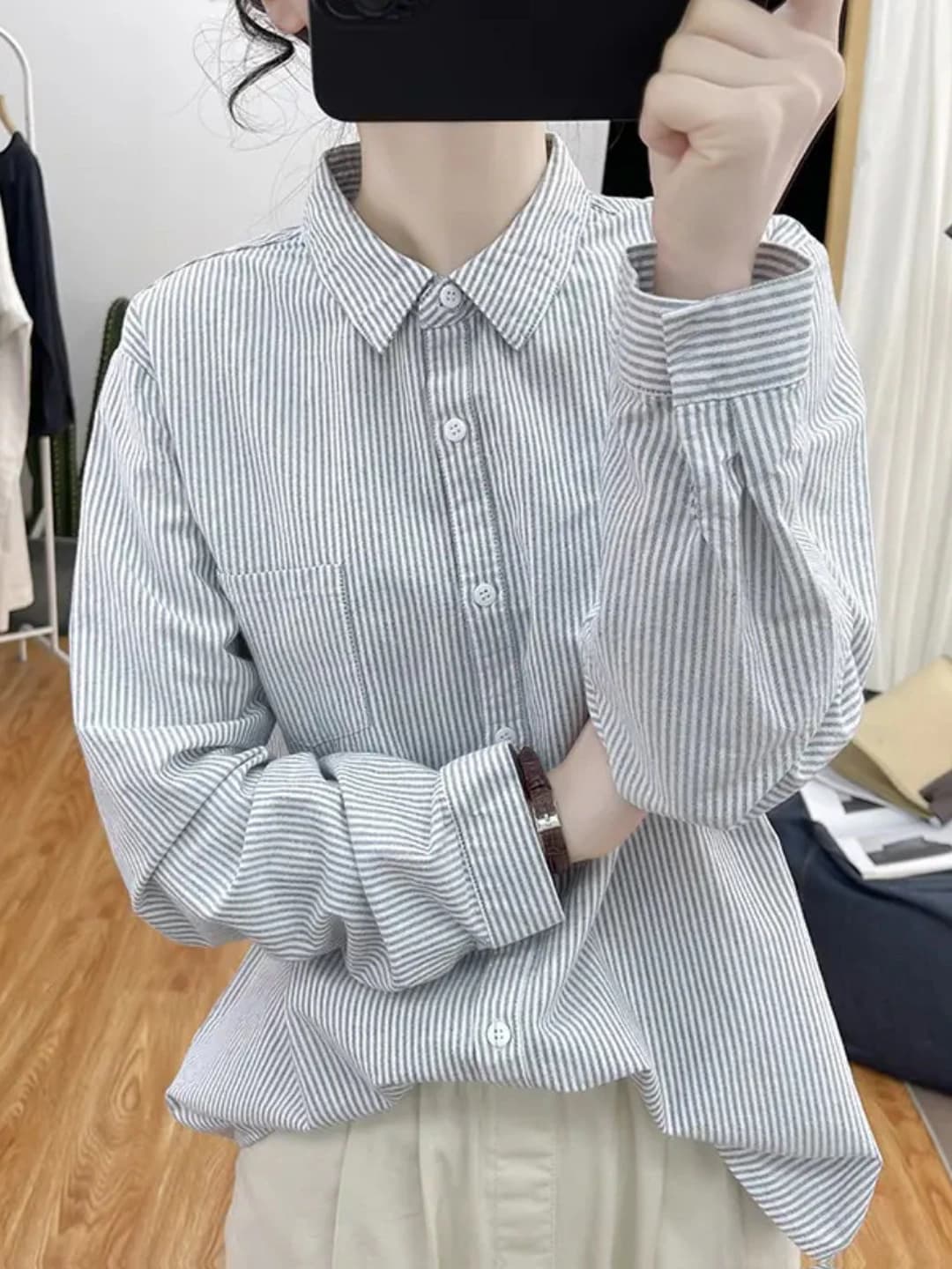 Women's retro cotton striped long-sleeve polo collar loose fit shirt