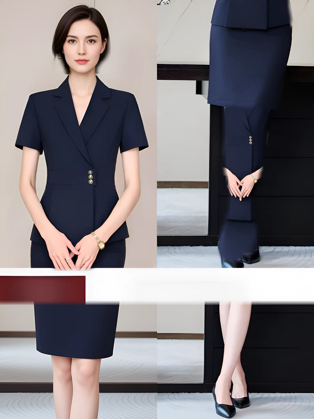 Navy short-sleeve suit + navy skirt
