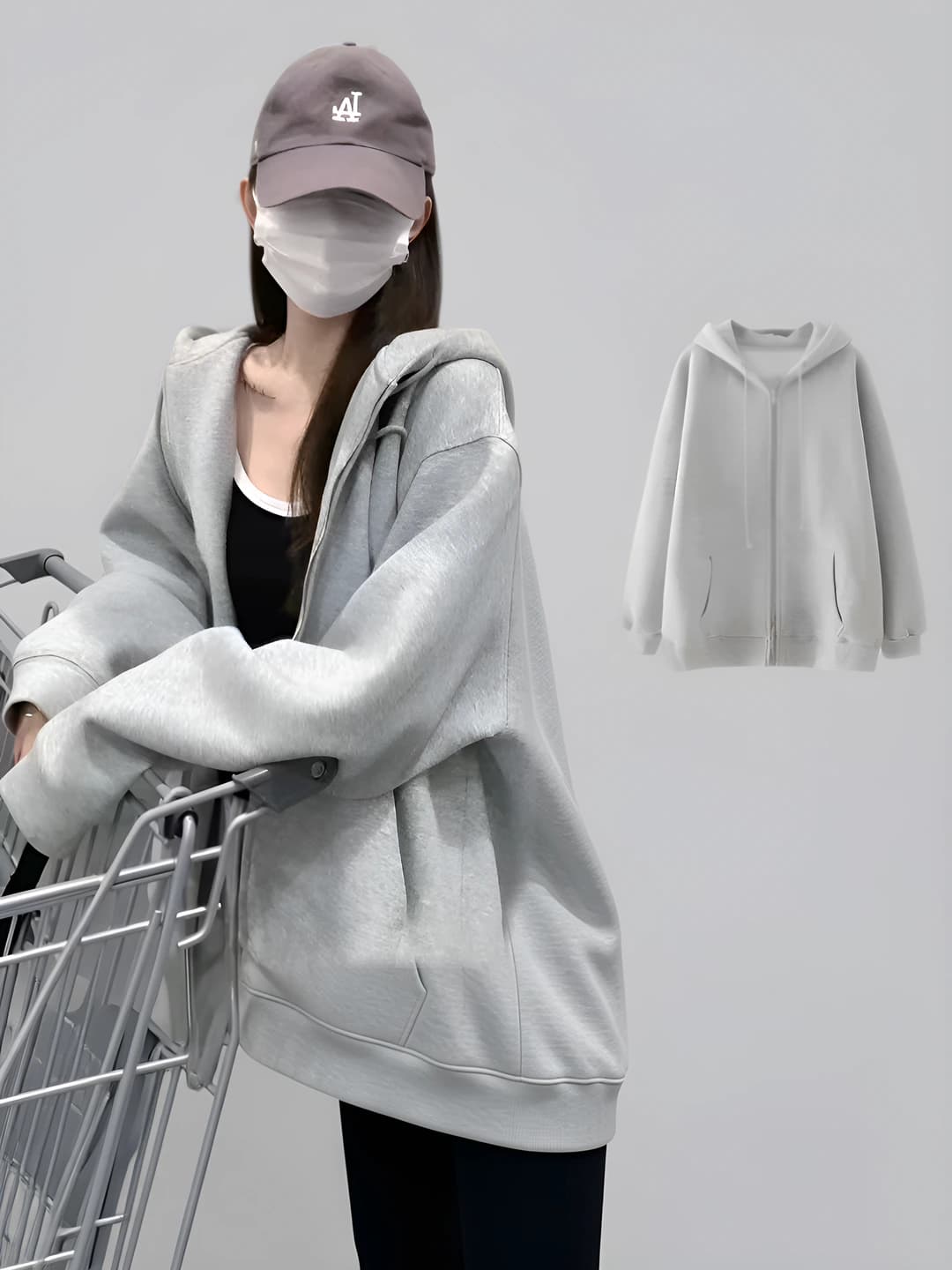 Women's 2026 spring-autumn sweatshirt, fleece-lined, loose fit, zip closure, long sleeve, thin, casual style