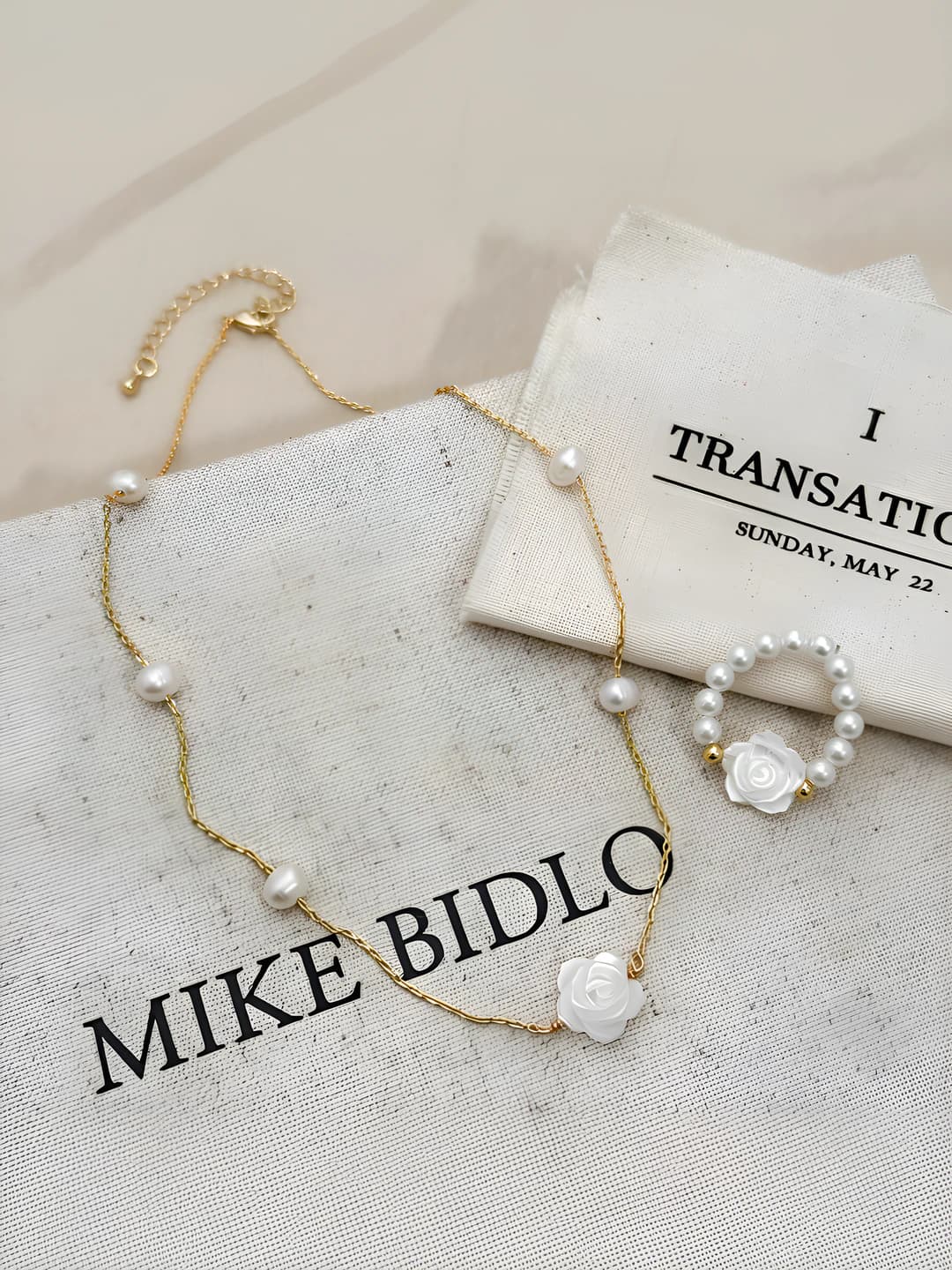 Women's short chain set with freshwater pearls, 14k plating, and floral design