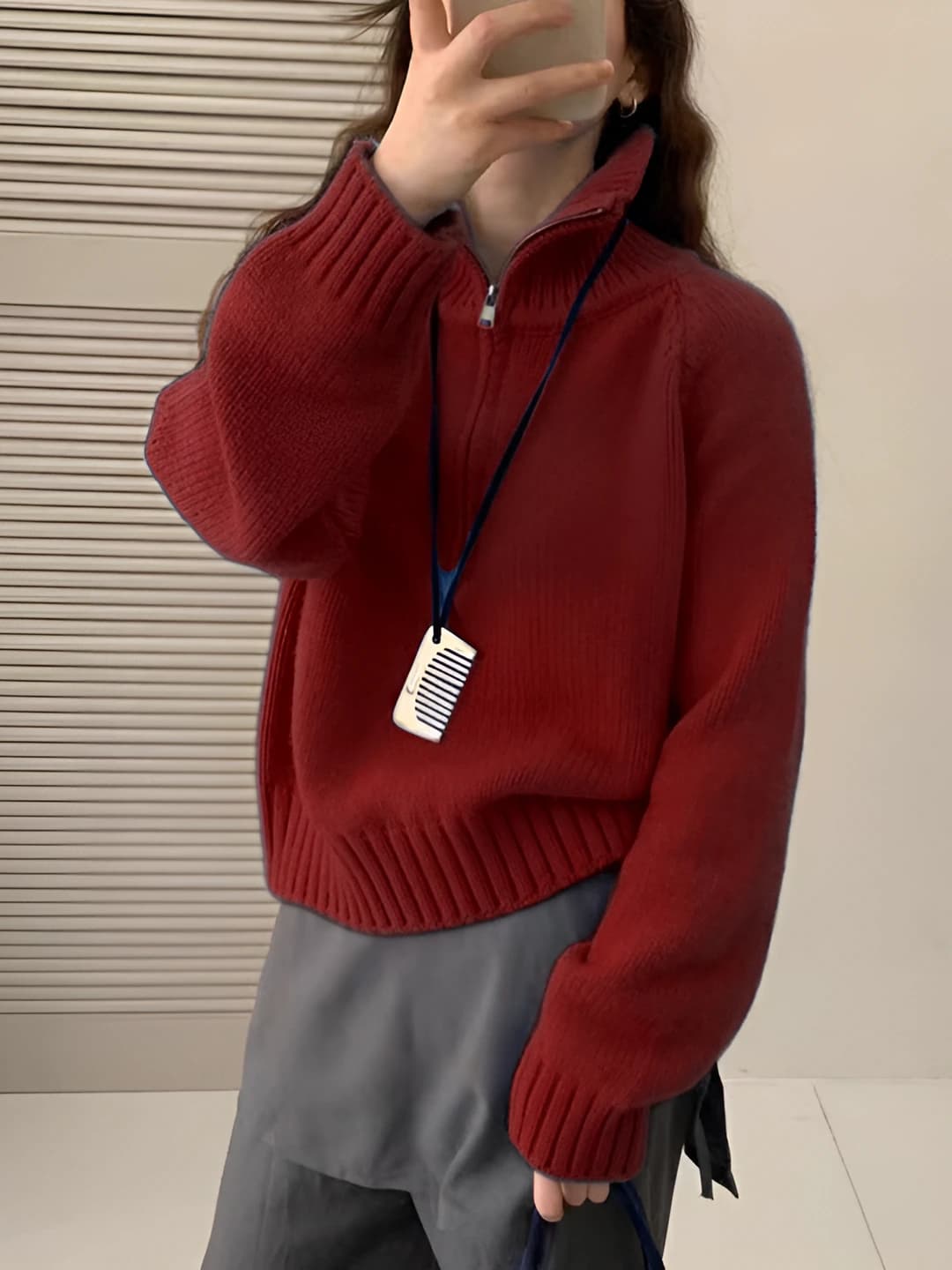 Women's mock neck zip knit sweater, solid colour, loose fit, long sleeve, autumn-winter