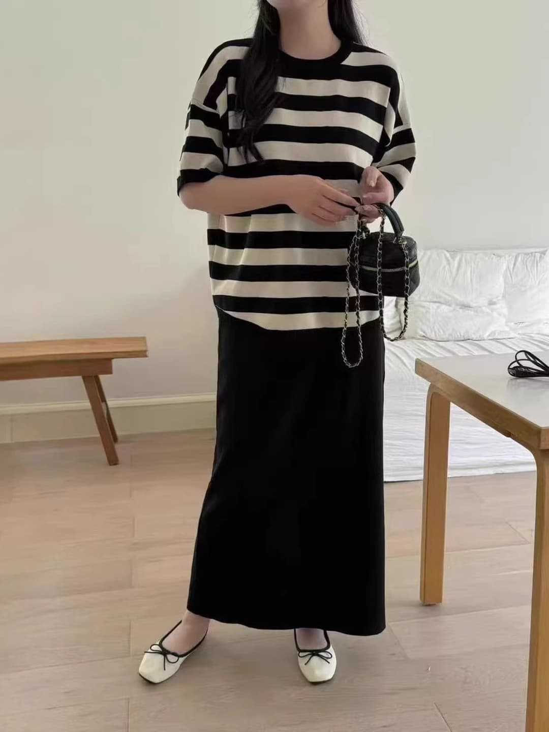 Women's two-piece clothing set with t-shirt and high waist skirt, short sleeve, summer