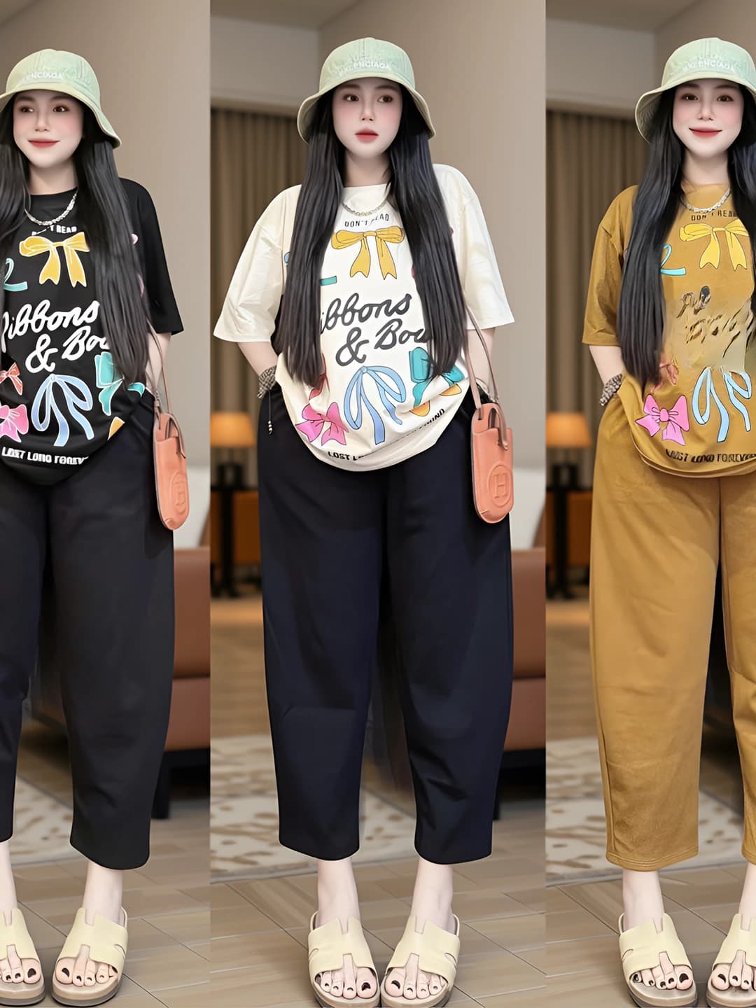Women's summer Korean style casual set with short sleeves and wide-leg trousers (printed, 3D element)