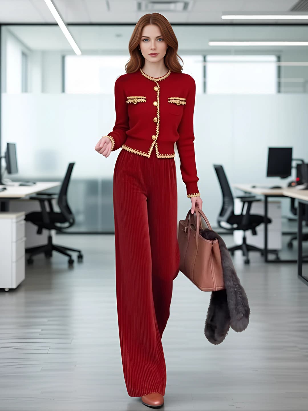 Women's set: knit top and wide-leg trousers, red, long sleeve, casual style