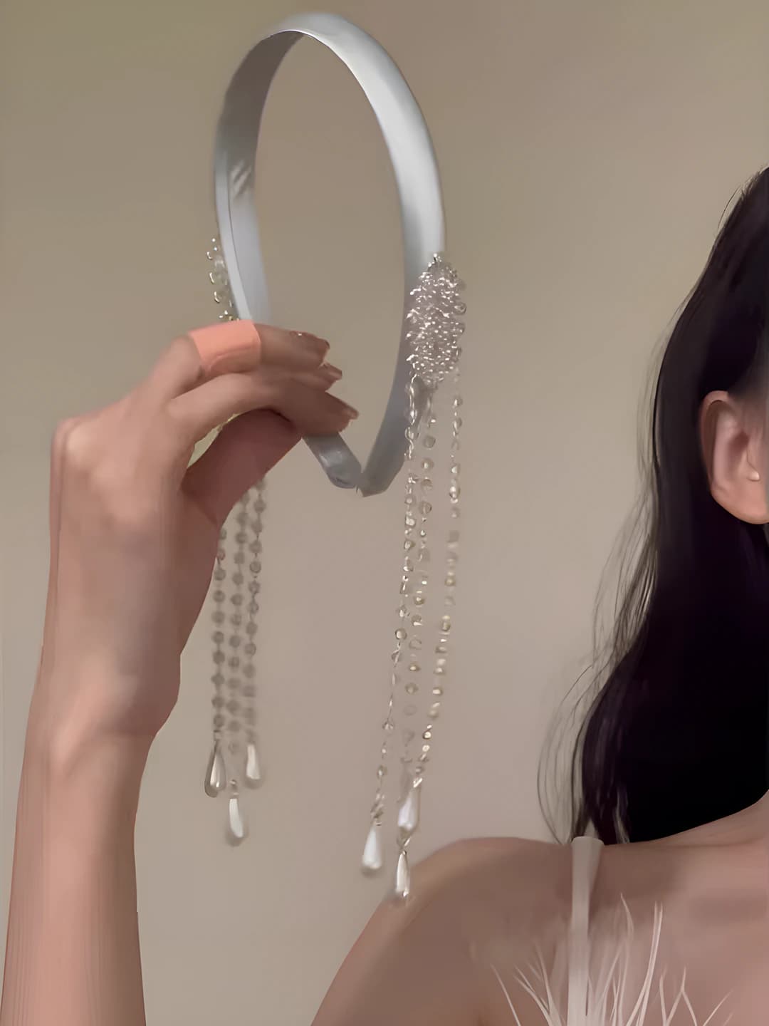 Women's long headband with rhinestone tassel dangles in Korean style