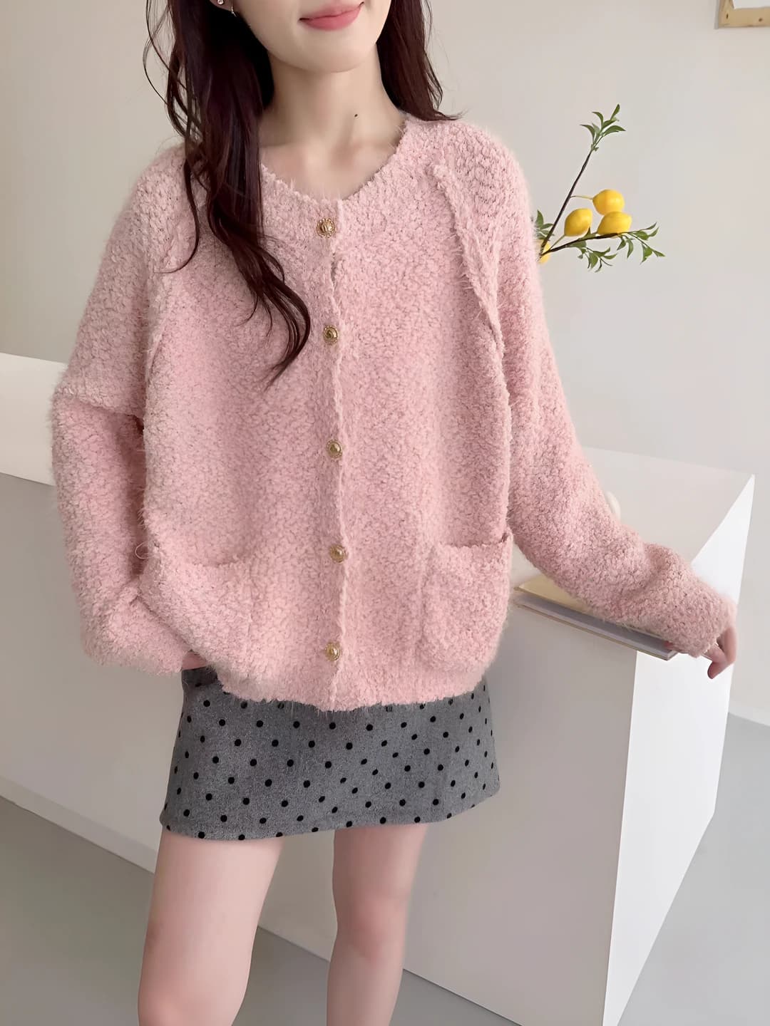 Women's autumn-winter cardigan, loose fit, crew neck, long sleeve, retro style, thick fabric
