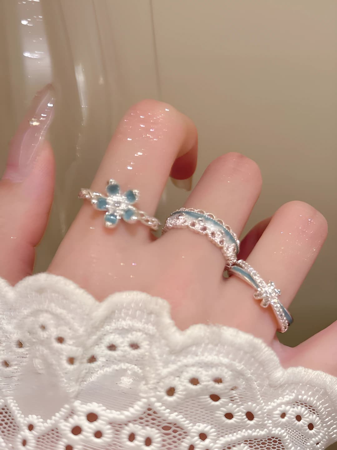 Women's open ring with blue lace flower design