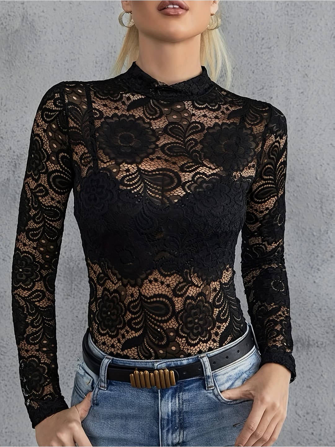 Women's autumn lace long-sleeve base top, slim fit, slimming, stand collar, geometric pattern