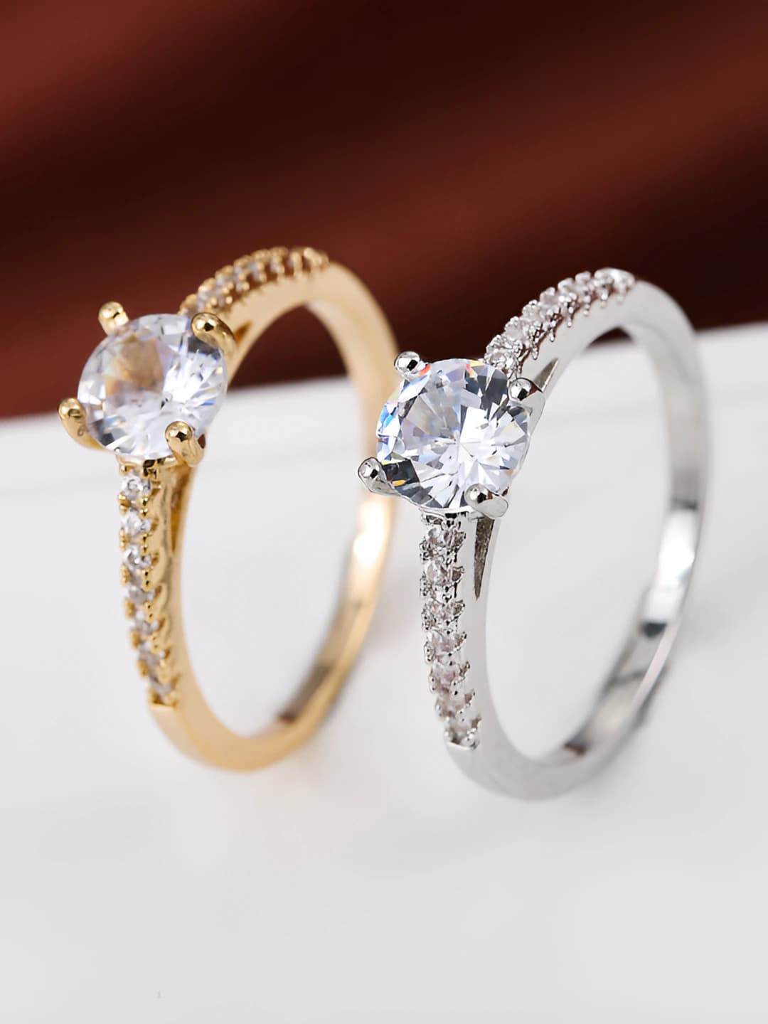 Women's gold-plated bronze ring with colored zircons, geometric shape, retro style