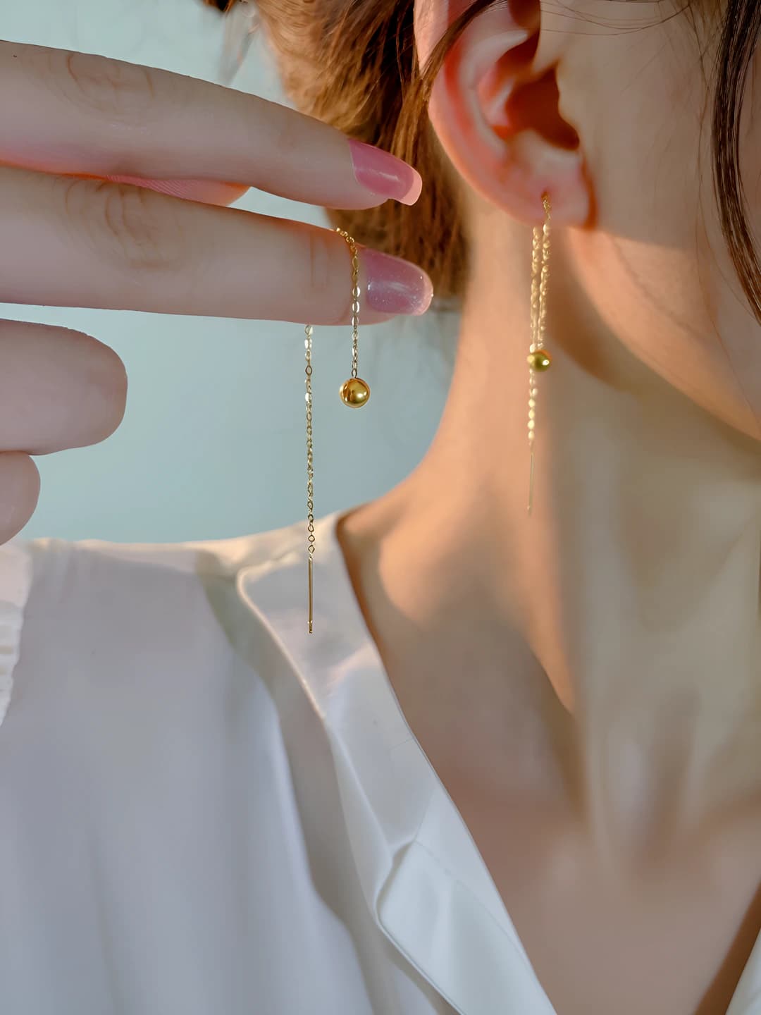 Women's long tassel earrings with 18K gold beads in titanium steel