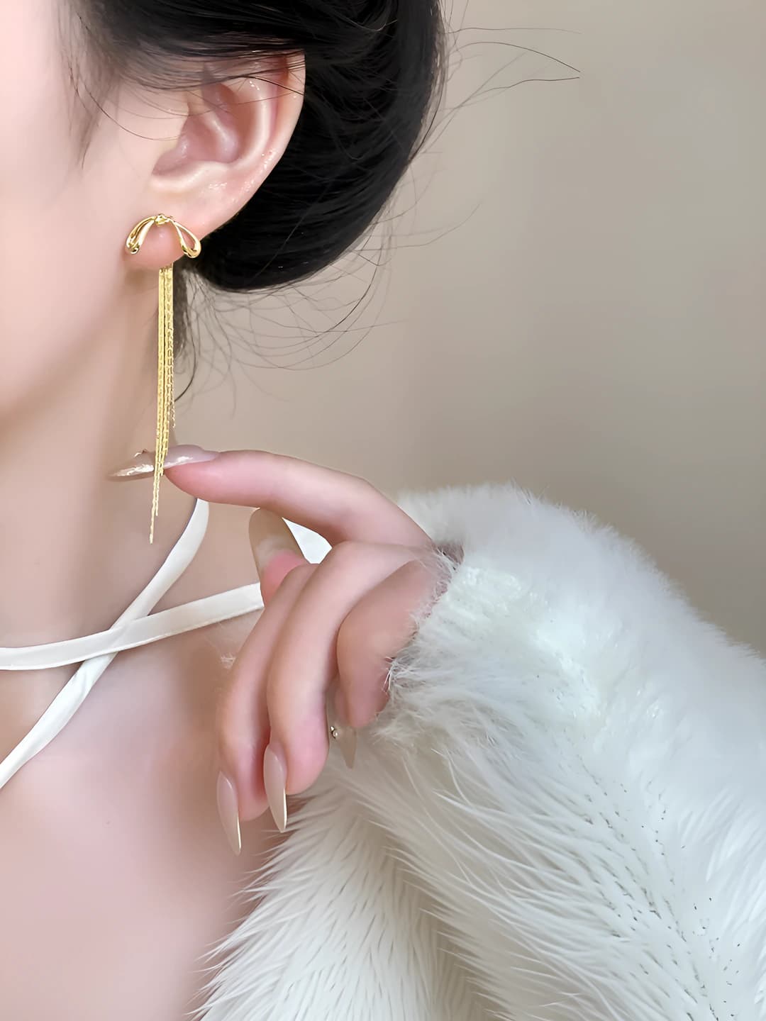 Gold, bow, tassel, earrings
