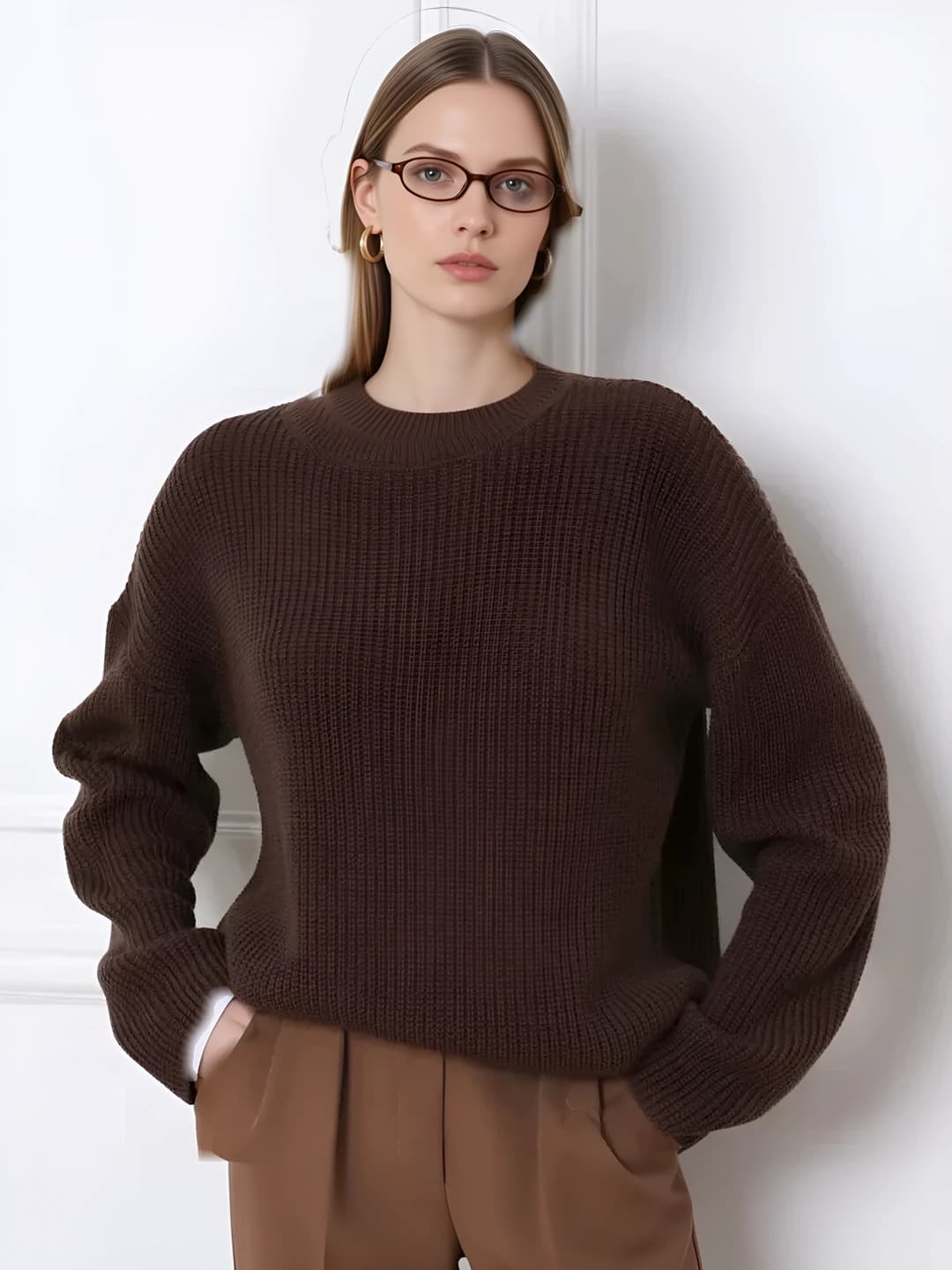 Women's loose fit crew neck long sleeve knit top