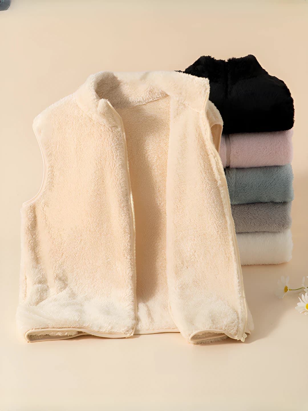 Women's autumn-winter casual solid colour warm vest with zip and stand collar