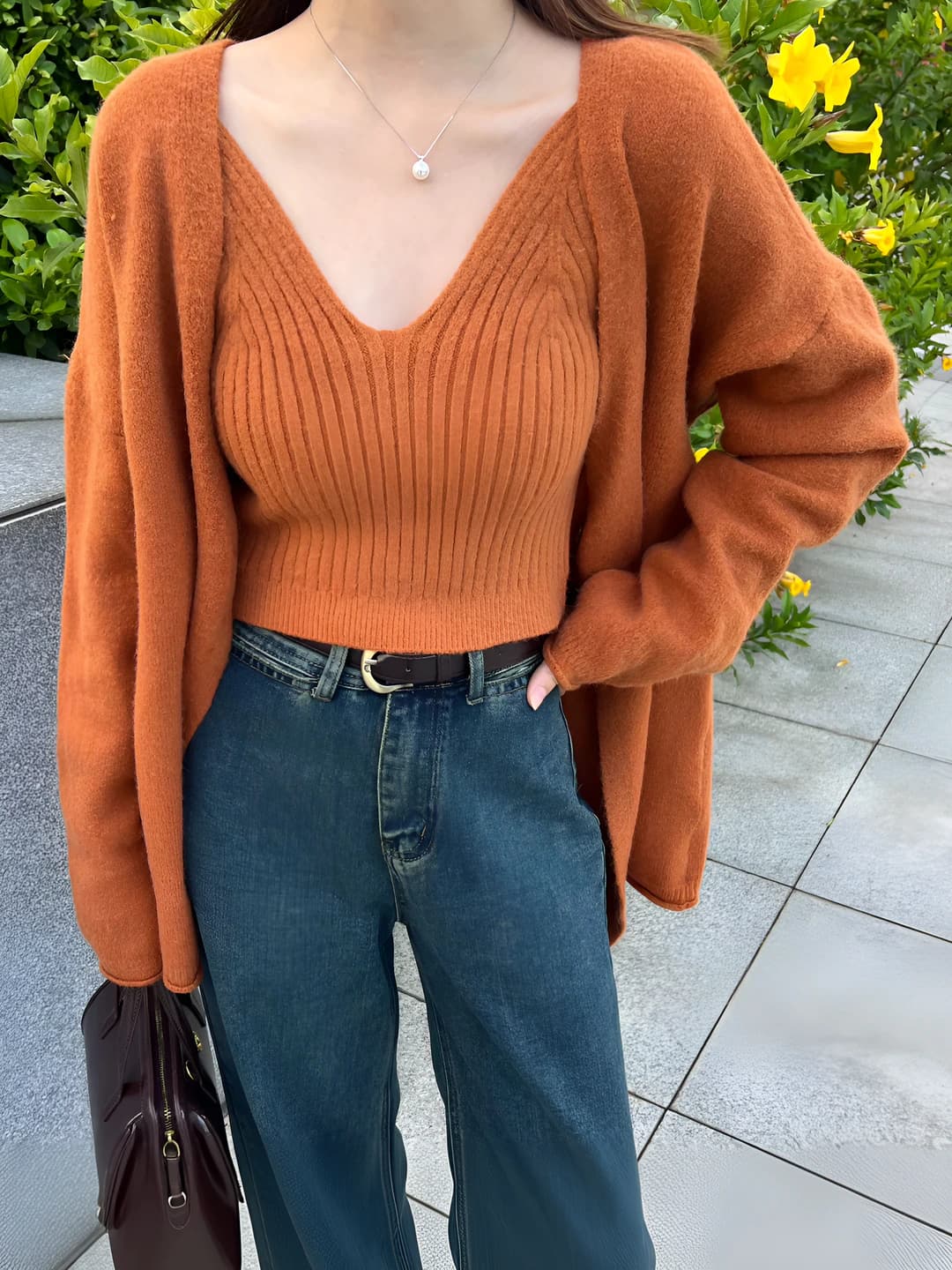 Women's retro knitted suit: knit cardigan and long slim fit tank top, autumn, V-neck, long sleeve, knitted