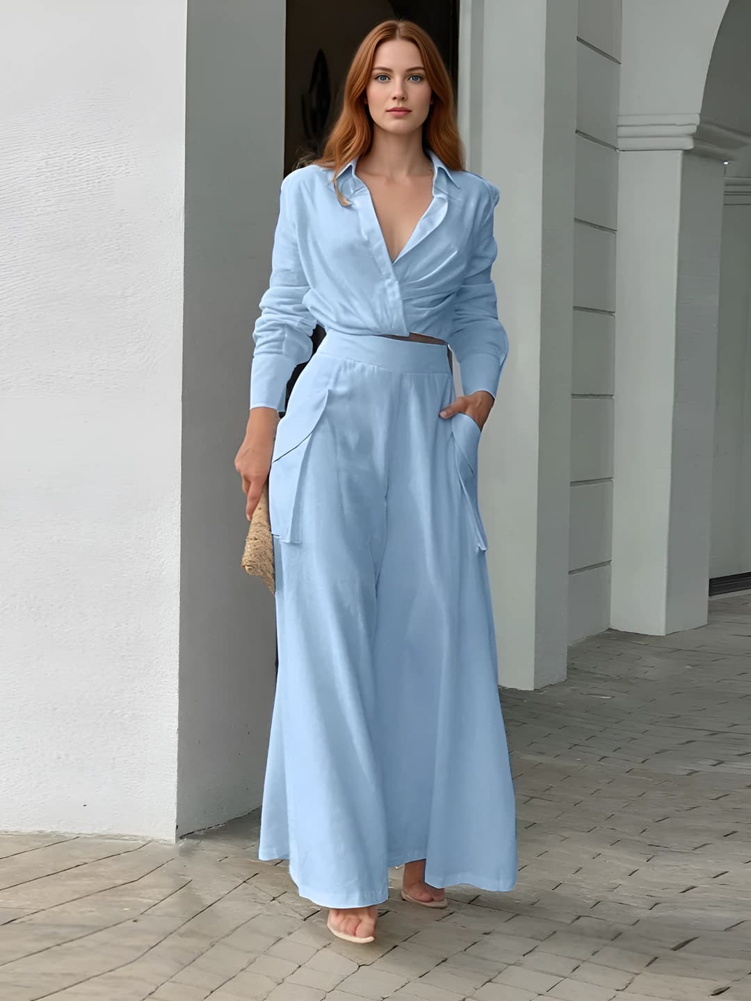 Women's shirt and trousers set, solid colour, long sleeve, all-season, 95% polyester, 30% spandex