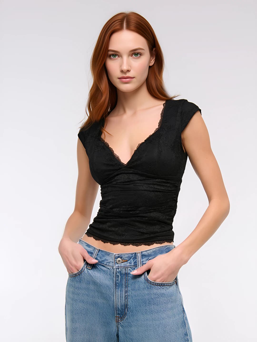 Women's sleeveless lace crop top, V-neck, short sleeve, slim fit, solid colour, retro style