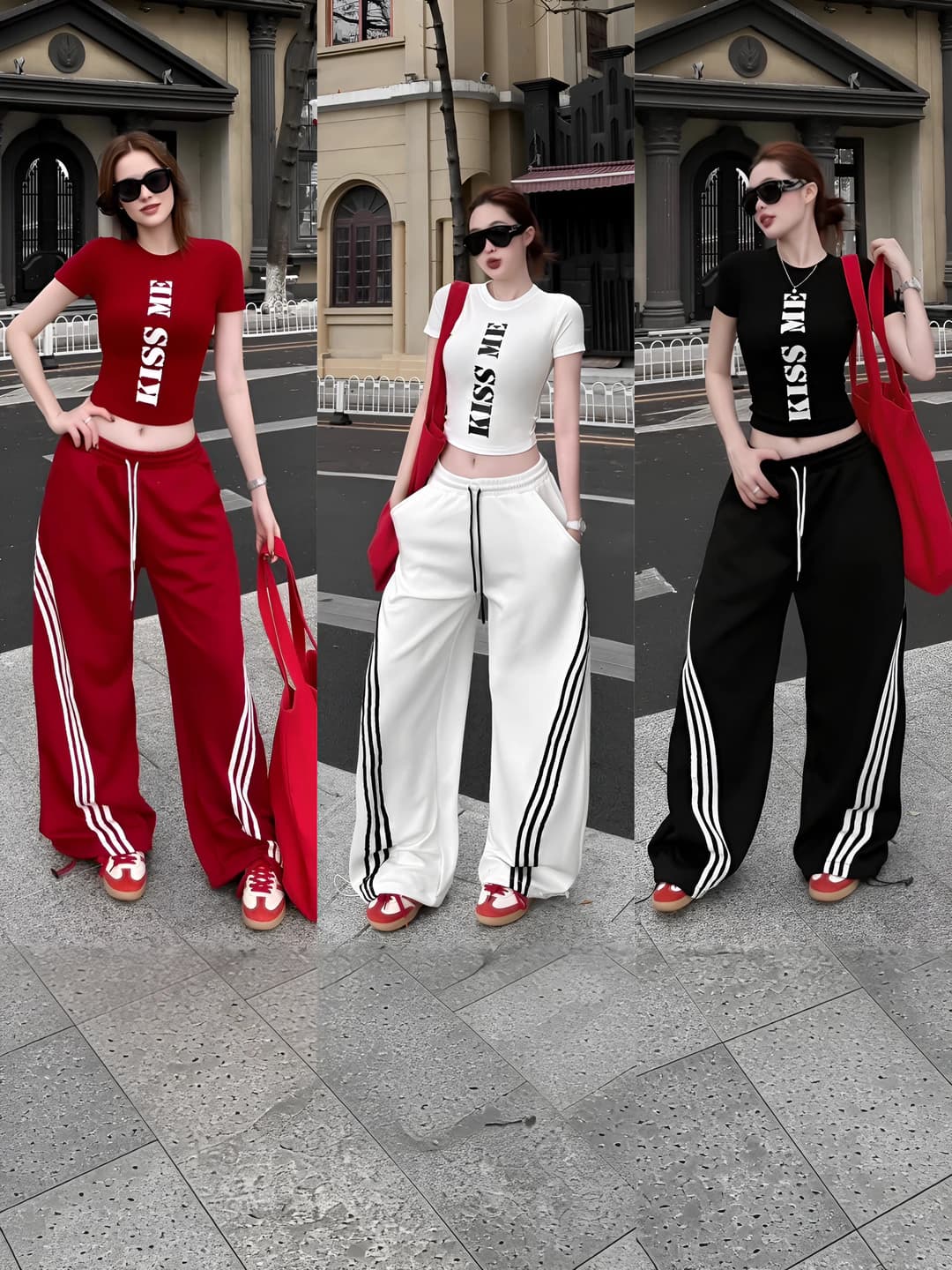 Women's clothing set: printed cropped t-shirt and high waist loose fit wide-leg trousers, summer sports set