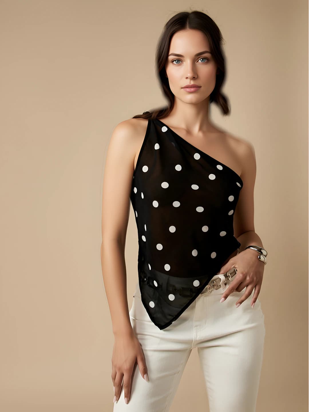 Women's slim fit, slimming, sleeveless, cropped, sheer, polka dot, one-shoulder, irregular strap top