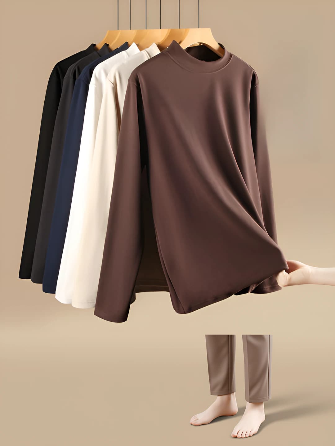 Women's thermal underwear top: thickened, warm, mock neck, long sleeve, mid-length, casual, for autumn and winter