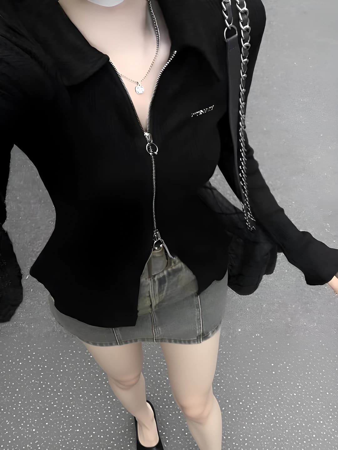 Women's spring-autumn long sleeve zip polo collar slim fit slimming longsleeve