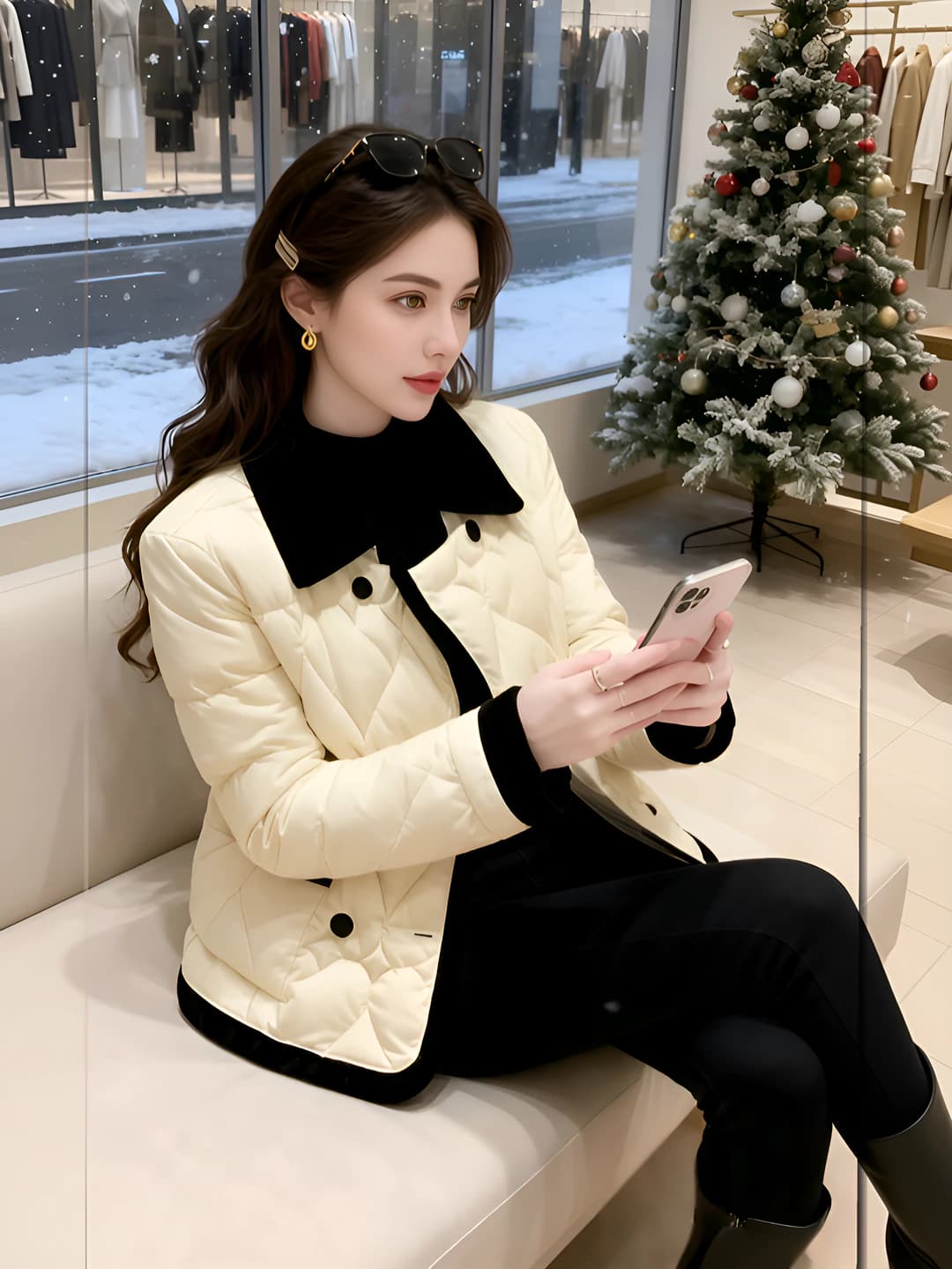 Women's thickened padded jacket with lapel collar, long sleeve, cropped, winter
