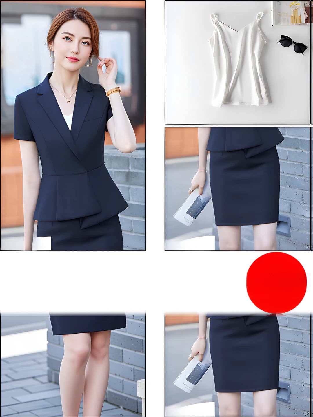 Hidden button - Blue blazer + Skirt + White tank