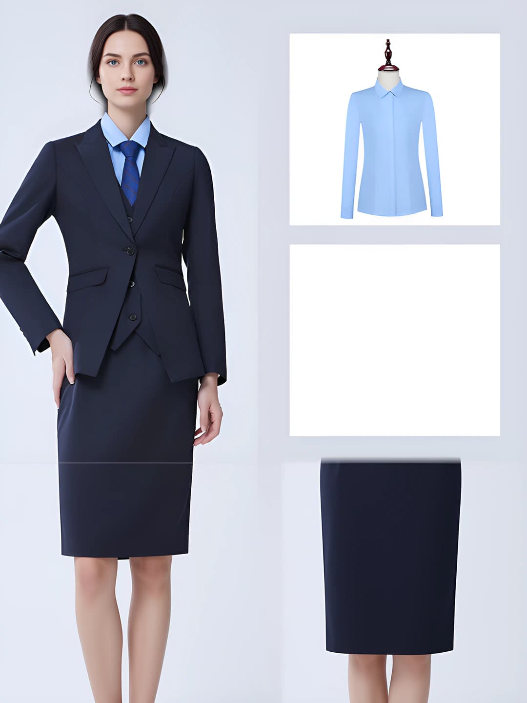 To'q ko'k jaket+Yubka+Ko'ylak