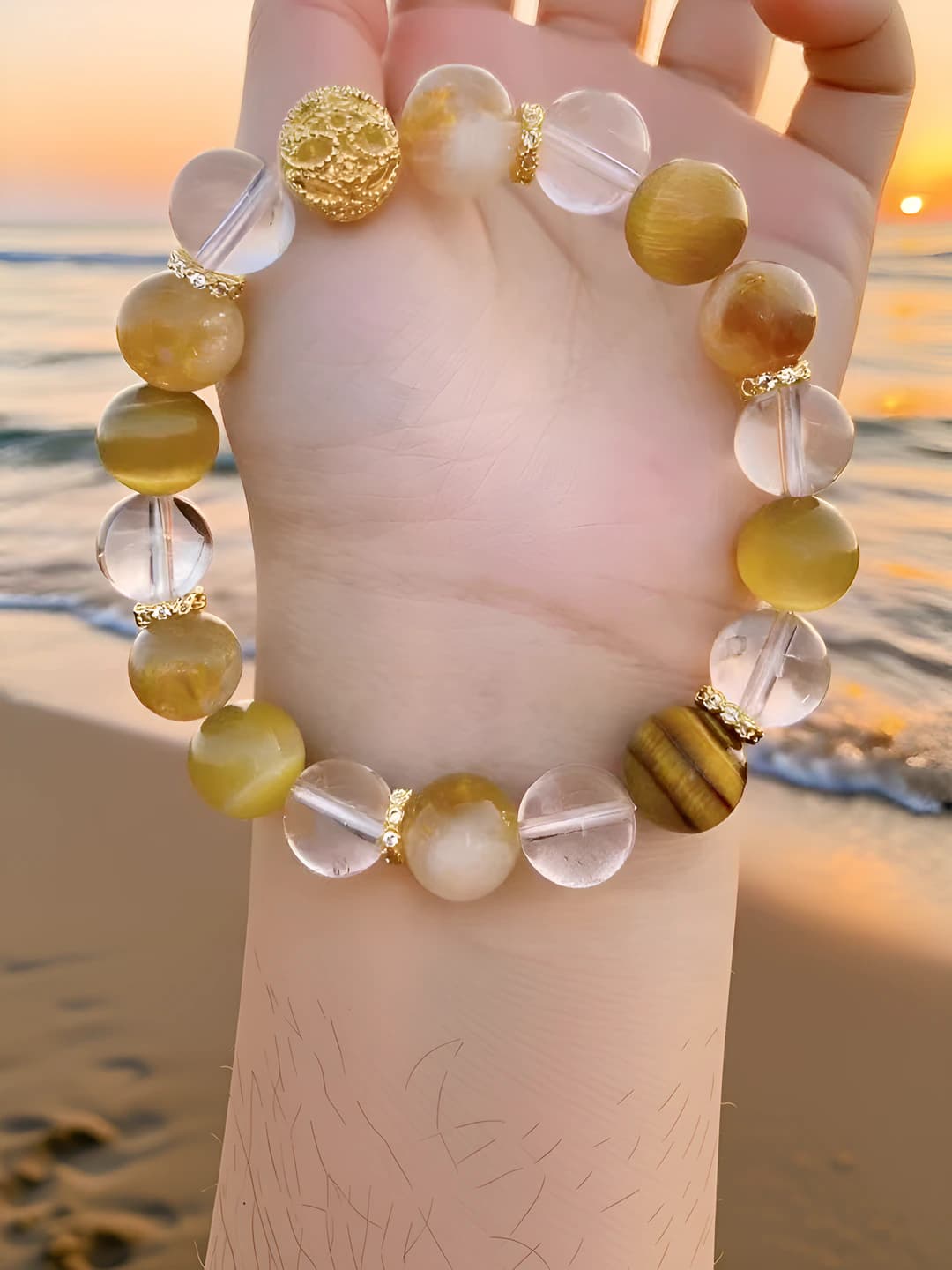 Women's crystal bracelet: white crystal, golden tiger's eye and yellow crystal, handmade, 18 stones, gold-plated