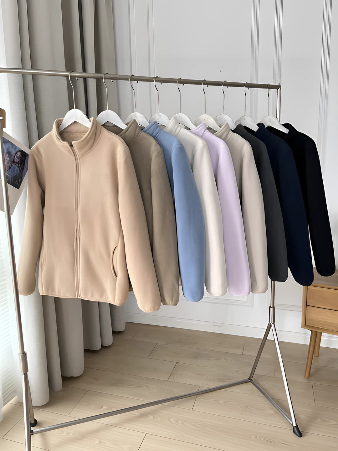 Women's fleece-lined jacket, thickened, zip closure, stand collar, long sleeve, loose fit, autumn-winter
