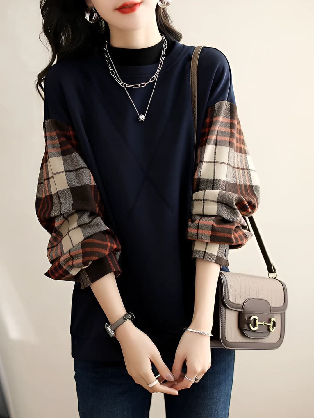Women's fleece-lined sweatshirt, crew neck, retro pattern, slim fit, long sleeve, spring-autumn