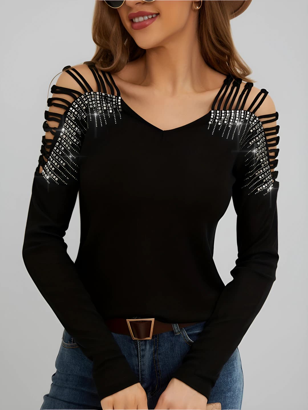 Women's long sleeve t-shirt with V-neck, 2026, 95%+ viscose, solid colour, raglan sleeve, garment length 50-65 cm, regular fit, large design element